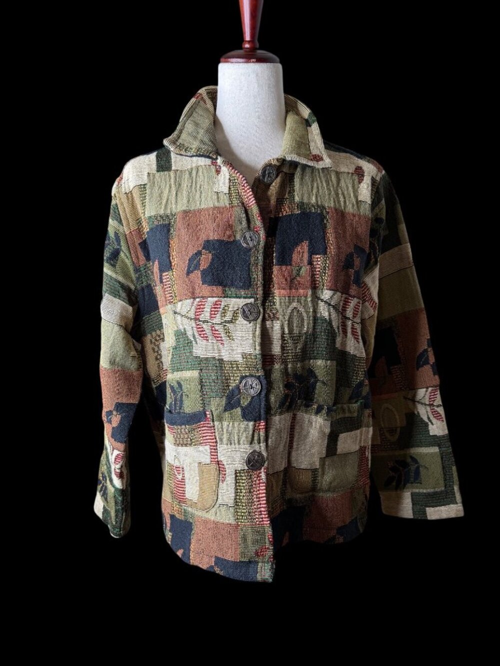 Vintage Artsy Woven Tapestry Womens Large Fall Patchwork Jacket Button-Up  India